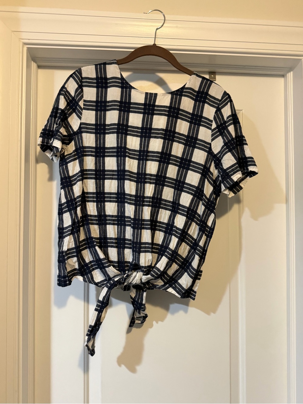 Madewell Navy & White Plaid Tie-Front Crop Top